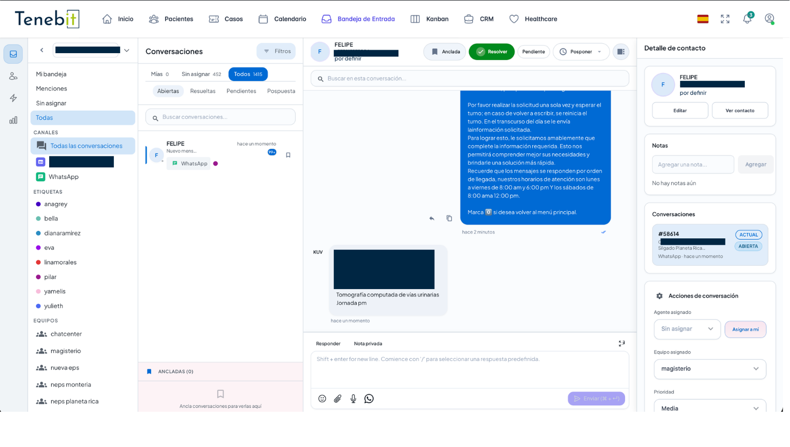 Bandeja única omnicanal con conversación y contexto del paciente en Tenebit CRM