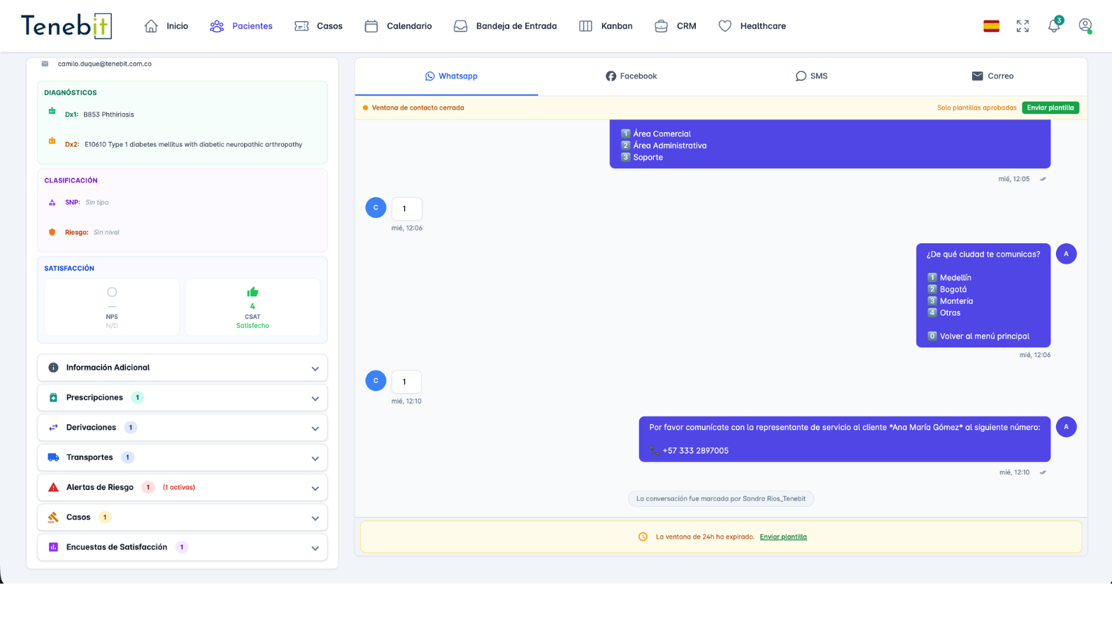 Vista paciente 360 con contexto clínico y operativo en Tenebit CRM