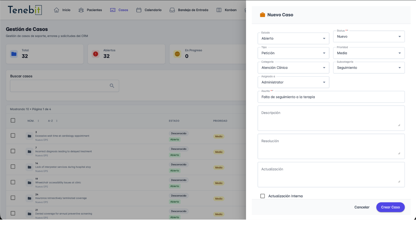 Módulo de gestión de PQRS y casos en Tenebit CRM